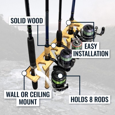 Solid Wood Wall-Mounted Fishing Rod Storage Rack for 8 Rods