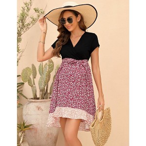 YesFashion Women's Summer Maternity Dress Casual Short Sleeve High Waist Ruffle A Line Dress with Belt for Photoshop Baby Shower - 1 of 4