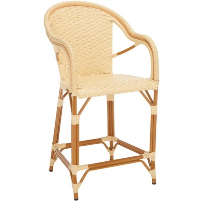 Natural Woven Faux Wicker and Aluminum Counter Stool with Arms