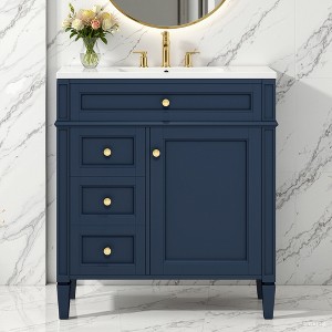 Wooakway 30"L White Modern Bathroom Vanity with Sink 2 Drawers Tip Out Storage Cabinet - 1 of 4