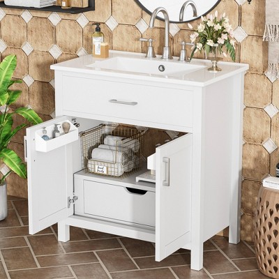 Grungis Bathroom Vanity with Ceramic Sink,Modern Bathroom Storage Cabinet with Ample Storage for Small Bathrooms