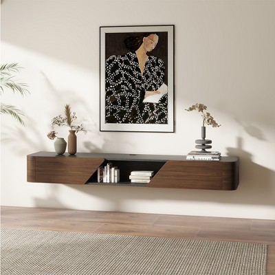 POVISON 78.74'' Modern Floating TV Stand, Walnut Color, MDF, With Cabinets, Media Console, Entertainment Center
