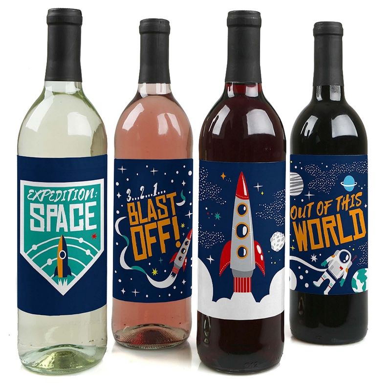 Big Dot of Happiness Blast Off to Outer Space - Rocket Ship Baby Shower Birthday Party Decor for Women & Men - Wine Bottle Label Stickers - Set of 4, 1 of 9