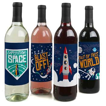 Big Dot of Happiness Blast Off to Outer Space - Rocket Ship Baby Shower Birthday Party Decor for Women & Men - Wine Bottle Label Stickers - Set of 4