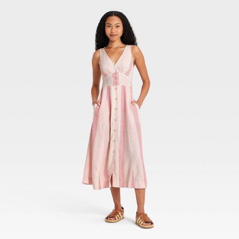Женские платья Universal Thread Women's Woven Button-Front Midi Sundress - Universal Thread™ Pink Striped M