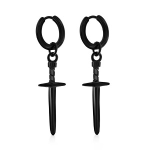 Metallo Stainless Steel Sword Charm Huggie Hoop Earrings - Black Plated - Black - 1 of 2
