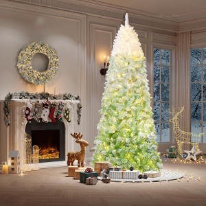 Snow Flocked Pencil Christmas Tree - 100 Dual-Color LEDs, 320 Branch Tips w/ Metal Stand - 1 of 4