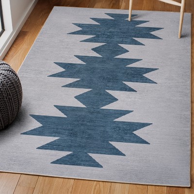 Chayton Minimalist Geometric Gray and Blue Washable Area Rug