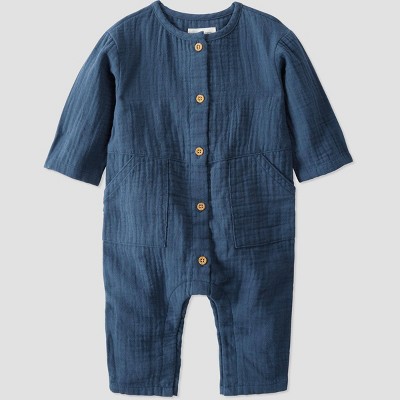 Image of Little Planet by Carter's Organic️ Baby Gauze Buttoned Romper - Blue 6M: Infant Long Sleeve Crew Neck Solid Rompers