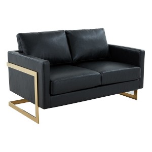 LeisureMod Lincoln Mid-Century Modern Upholstered Faux Leather Loveseat with Gold Frame - 1 of 4