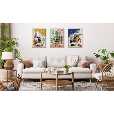 Natural Mid-Century Modern Cat Print Canvas Wall Art Set