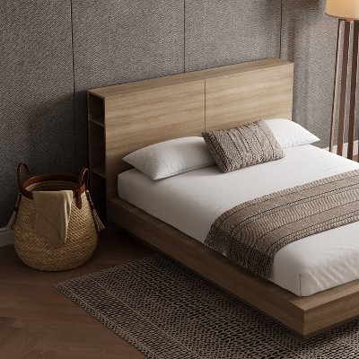Queen Light Brown Wood Frame Platform Bed with Storage