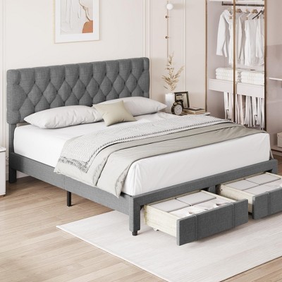Queen Size Bed Frame with 2 Storage Drawers, Upholstered Platform Bed Frame