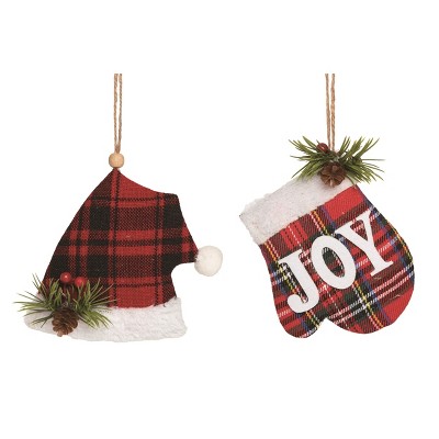 Transpac Fabric Plaid Hat & Glove Ornament Set of 2 Christmas Home Decorations
