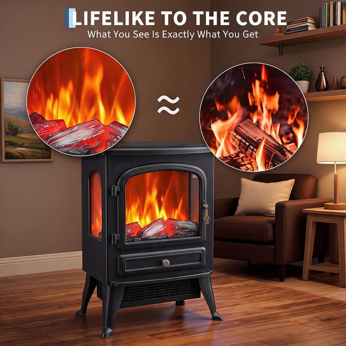 Garvee Freestanding Electric Fireplace Stove with 3-Sided Glass, 750W/1500W Heater with Thermostat, 5118 BTU, Multicolor Flame - thumbnail 5