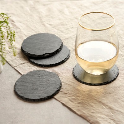 Black Slate Round Coasters with Velvet Backing, Set of 4