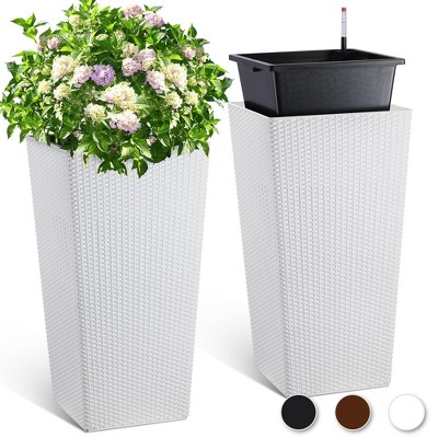 Tall Planter Set of 2 Large Rattan Planters with Trays, Water Level Monitor & Wheels for Indoor/Outdoor Use