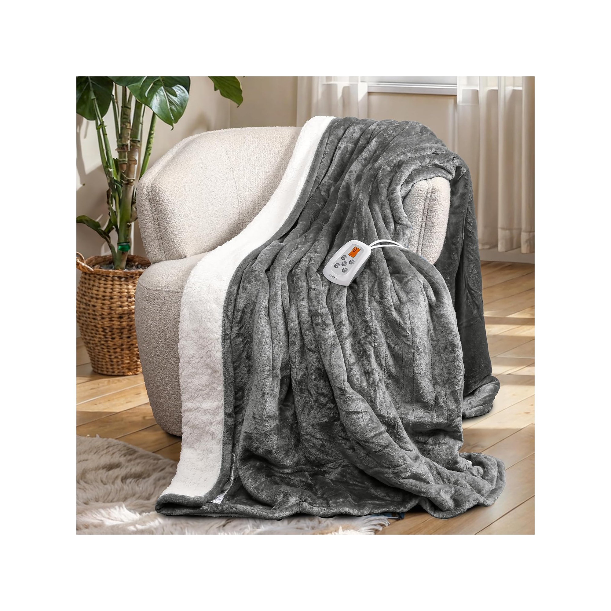 Heynemo Electric Heated Blanket Twin 84"x62", 10 Heat Levels, 12H Auto Off, faux shearling, Grey