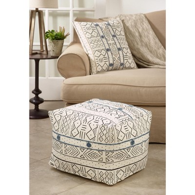 White Cotton Abstract Mudcloth Floor Pouf, 24" x 24" x 16"