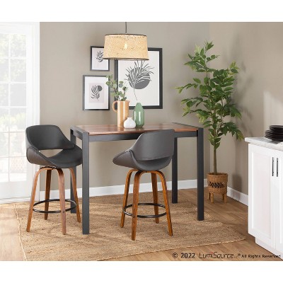 Set of 2 Flared Walnut & Metal Swivel Counter Stools in Black/Grey