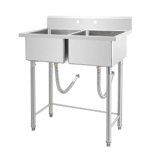 Commercial Utility Sink, Stainless Steel Sink - Dual Basin Freestanding 2-Compartment Sink with Undershelf for Kitchen, Laundry & Workshop - 1 of 4