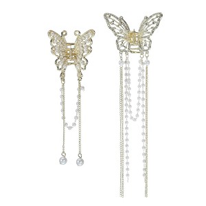 Unique Bargains Women's Faux Pearl Hollow Butterfly Tassel Hair Clips and Pins Gold Tone 2 Pcs - 1 of 4