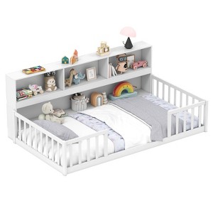 Safstar Twin Size Montessori Floor Bed w/ Bookcase Storage Shelves & Safety Fence Rails - 1 of 1