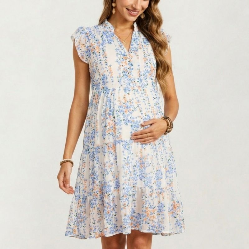 Anna-Kaci Women's Floral Print Maternity Dress with Flutter Sleeves and Tiered Skirt - Small, White