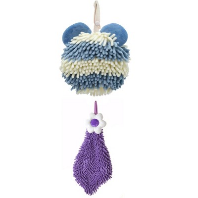 REGALWOVEN Soft Absorbent Cute Fuzzy Hanging Decorative Bathroom Chenille Hand Towel 6" x 15"/7" x 7" 2 Packs