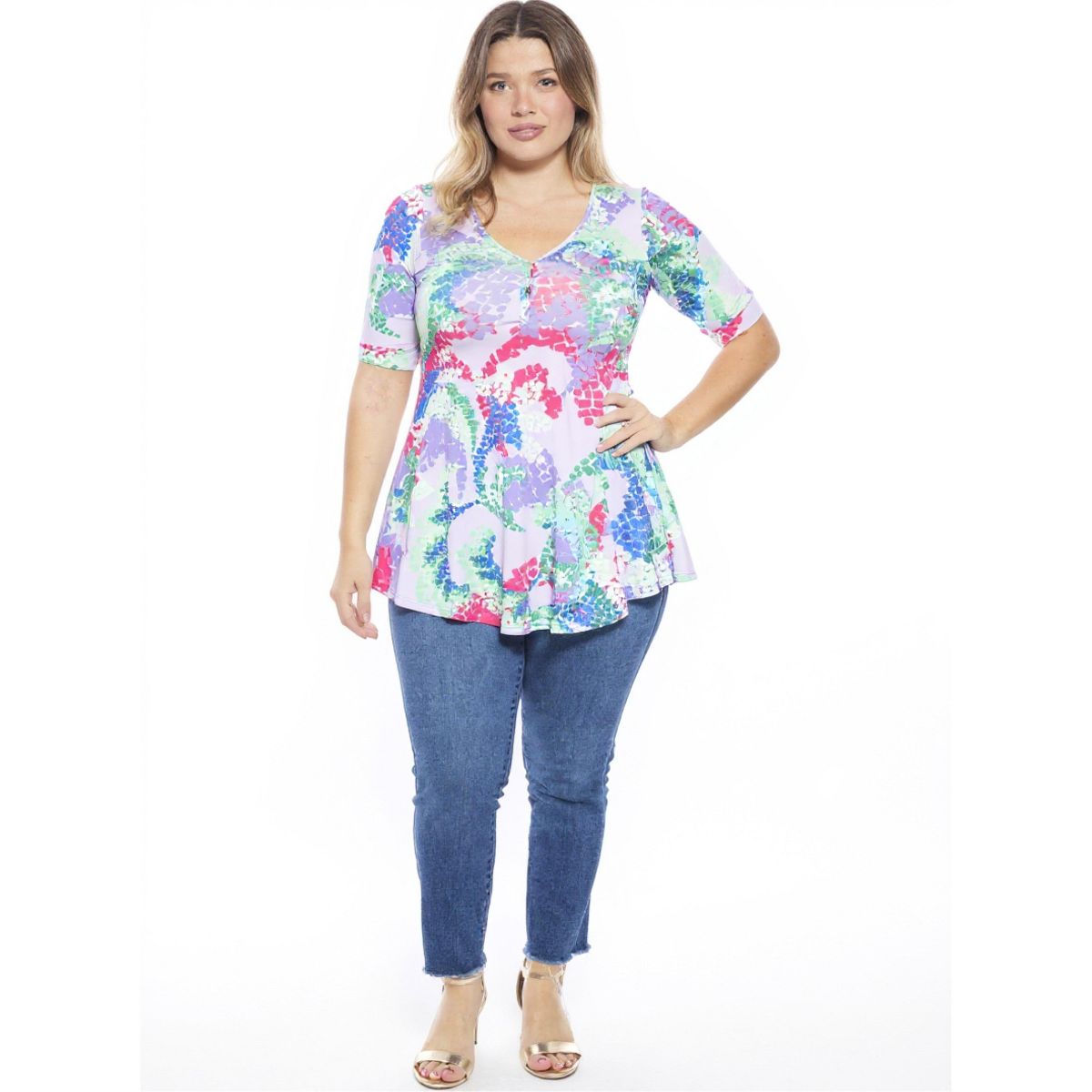 Plus Size Abstract V-Neck Elbow Sleeve Henley Tunic Top - 24seven Comfort Apparel™