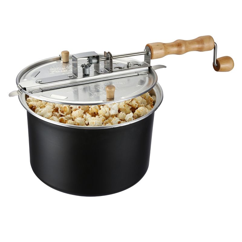 Great Northern Popcorn 6.5-Qt Aluminum Stovetop Popcorn Maker with Wooden Handle and Internal Kernel Stirrer - Black, 1 of 8