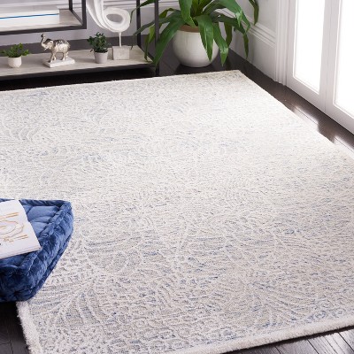 Ivory and Blue Wool 4' x 6' Handmade Geometric Rug