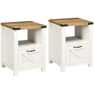 HOMCOM Farmhouse Side Table with 1 Drawer, 1 Open Shelf and Tabletop for Living Room, Set of 2, White - 1 of 4