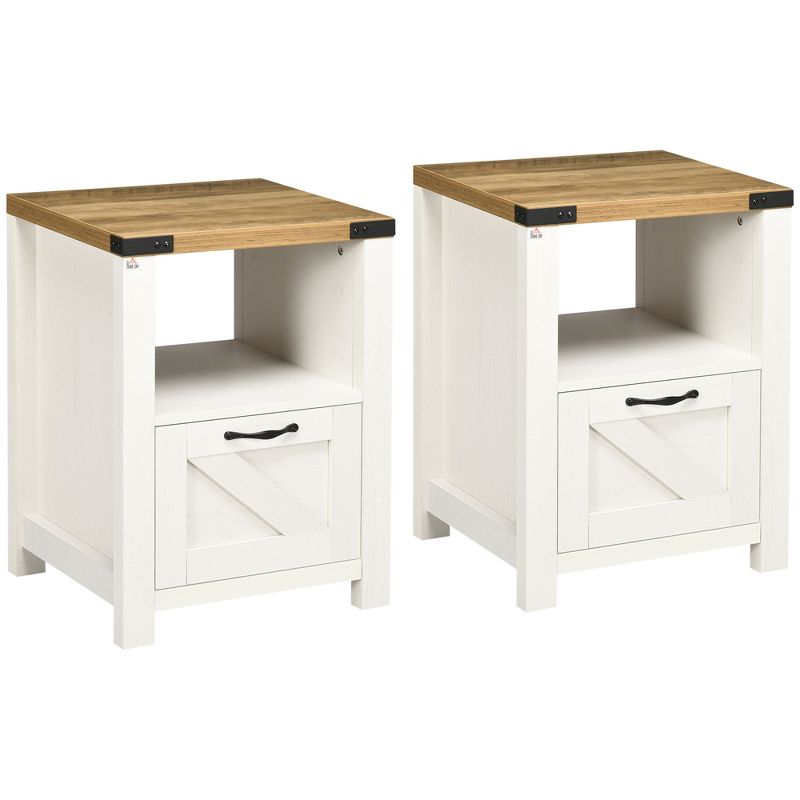HOMCOM Farmhouse Side Table with 1 Drawer, 1 Open Shelf and Tabletop for Living Room, Set of 2, White, 1 of 7