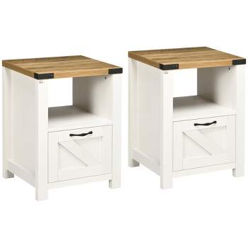 HOMCOM Farmhouse Side Table with 1 Drawer, 1 Open Shelf and Tabletop for Living Room, Set of 2, White
