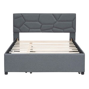 MAYEERTY Full Size Upholstered Platform Bed, Brick Pattern Headboard Twin Trundle Linen Fabric, Bedroom, Beige - 1 of 4