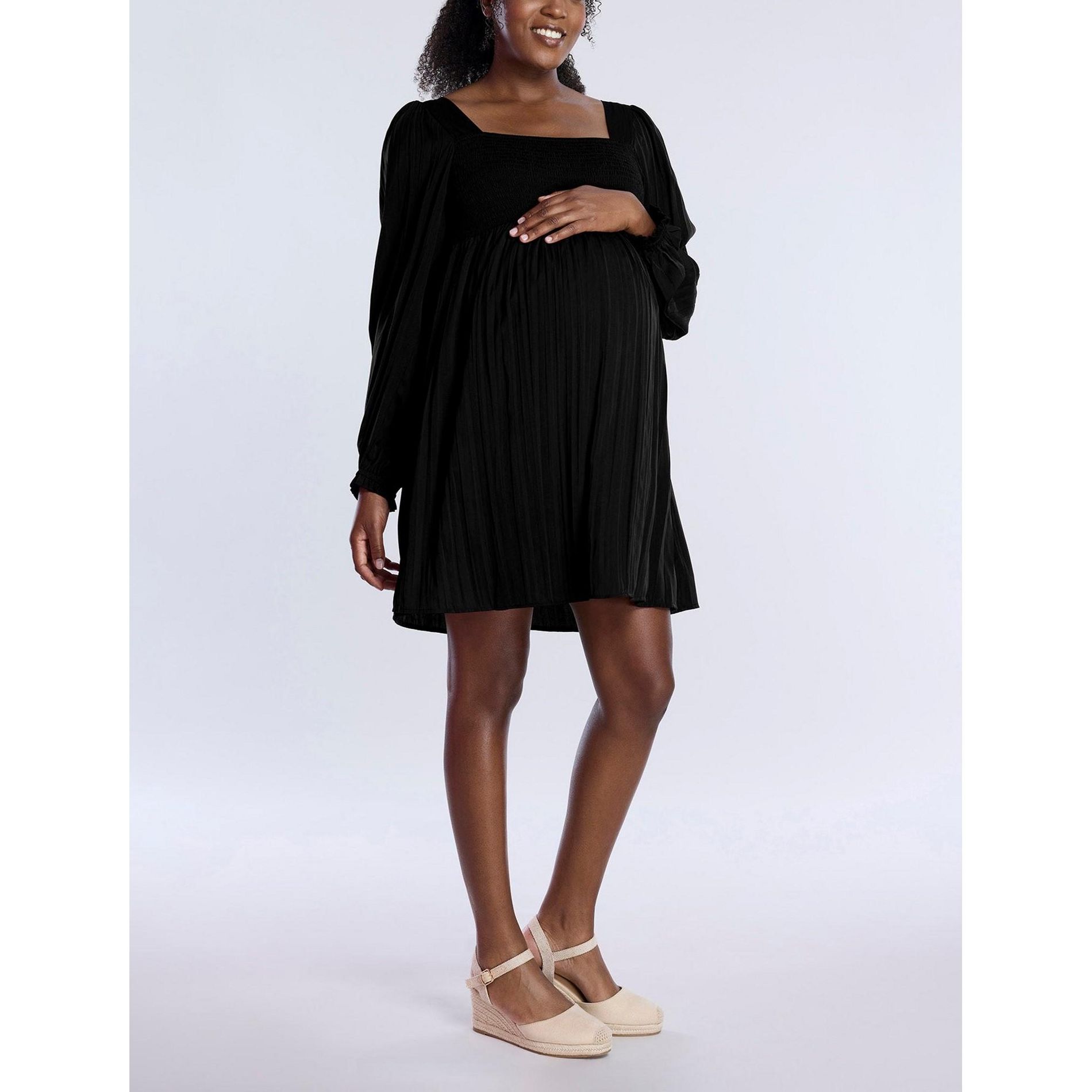 Women's Smocked Babydoll Long Sleeve Mini Dress - Core Black - Size: Small - Motherhood Maternity