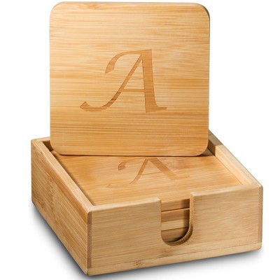 RCZ Décor Personalized Monogrammed Coaster Set, Includes 6 Drink Coasters with Holder, Bamboo Coasters for Coffee Tables, Wedding Gifts, & Presents