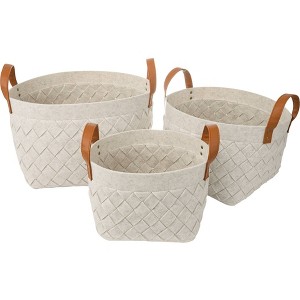 WeThinkStorage Set of 3 Felt Storage Baske twith Vegan Leather Handles Ivory - 1 of 4