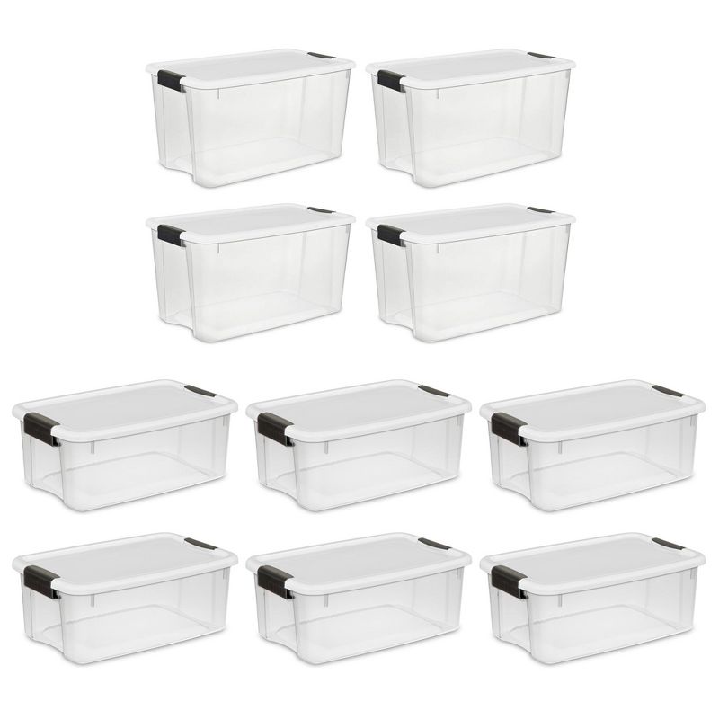 Sterilite 4 Sets of 70-Quart & 6 Sets of 18-Quart Heavy-Duty Stackable Storage Container Tote, Clear Base w/White Latch lid for Home Organization, 1 of 7