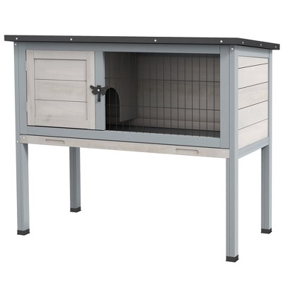 PawHut Elevated Rabbit Hutch Bunny Hutch with Hinged Asphalt Roof, Removable Tray, Fir Wood Bunny Cage for Indoor/Outdoor