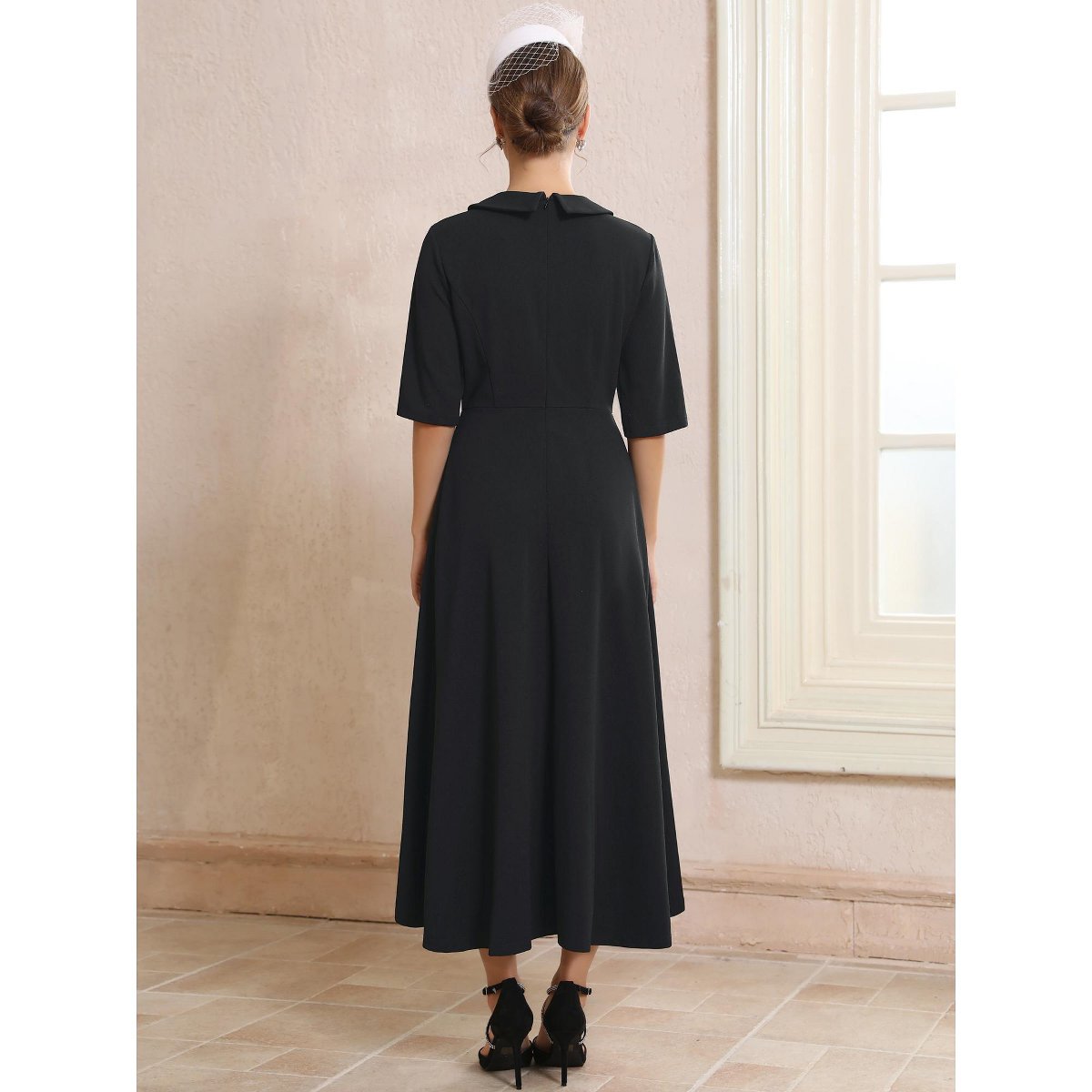 Женские платья INSPIRE CHIC Women's Vintage Collared Half Sleeve Church Evening Formal A-Line Dresses X-Large Black — фото 4