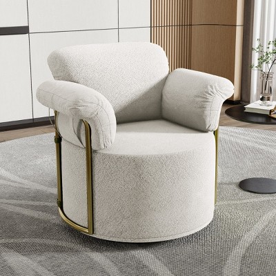 360° Swivel Boucle Barrel Chair, Upholstered Armchair with Gold Metal Legs, Comfortable Round Accent Chair for Living Room - Koiai