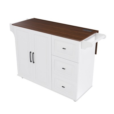 Dexmalle White Mobile Kitchen Island Cart with Foldable Tabletop