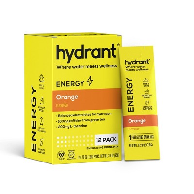 Hydrant Energy Electrolyte Rapid Hydration Powder Packets Drink Mix with Caffeine - Orange - 12ct