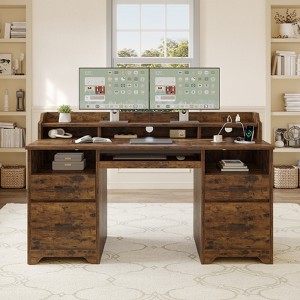 Bestier 59"Wood Executive Desk with Drawers, Computer Desk with Keyboard Tray,Home Office Desk with Charging Station&Monitor Stand&File Cabinet - 1 of 4