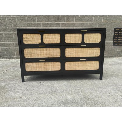6 Drawer Dresser, Rattan Dresser for Bedroom with Metal Handles, Farmhouse Wood Storage Chest of Drawers for Bedroom, Living Room, Hallway, Entryway
