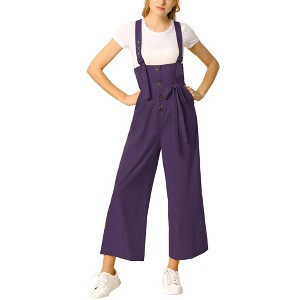 Allegra K Women's High Waist Wide Leg Belted Button Long Overalls Jumpsuit - 1 of 4