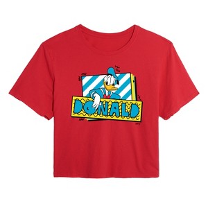 Women's - Disney - Leaning Donald Duck With Nametag Cropped Graphic T-Shirt - 1 of 4