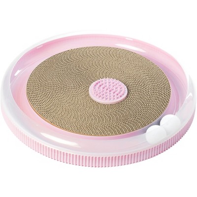 PawsMark Pink 4 in 1 Interactive Round Cat Scratcher, Lounge, Toy and Brush